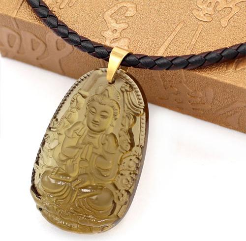 Dây chuyền mặt phật Thiên Thủ Thiên Nhãn thạch anh khói 5cm + dây da - phật bản mệnh tuổi Tý