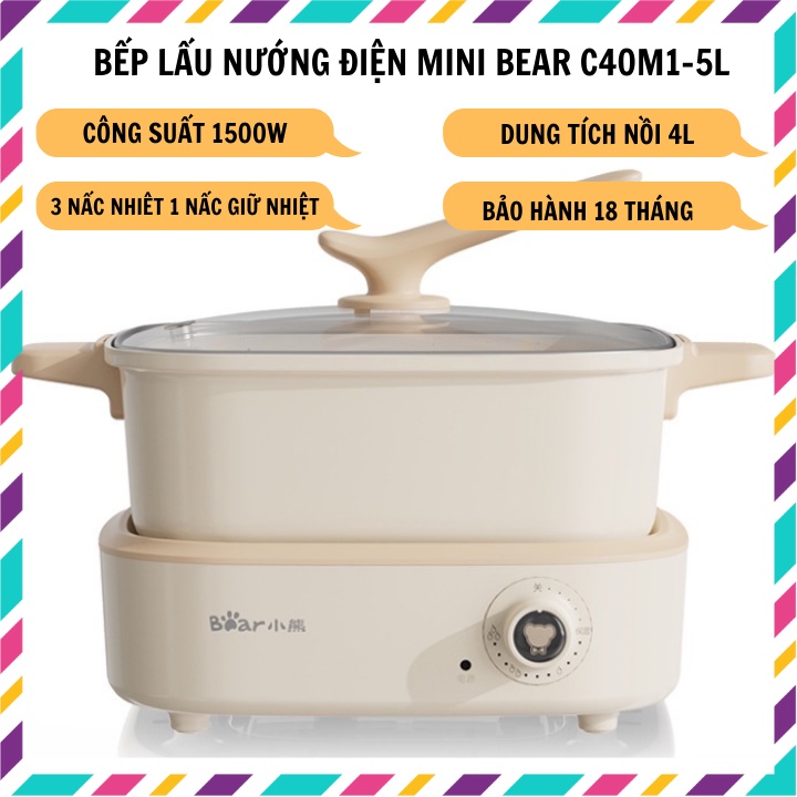 Nồi lẩu điện đa năng Bear DHG-C40M1, dung tích 4L, dùng để chiên, xào, hấp, luộc - Hàng chính hãng