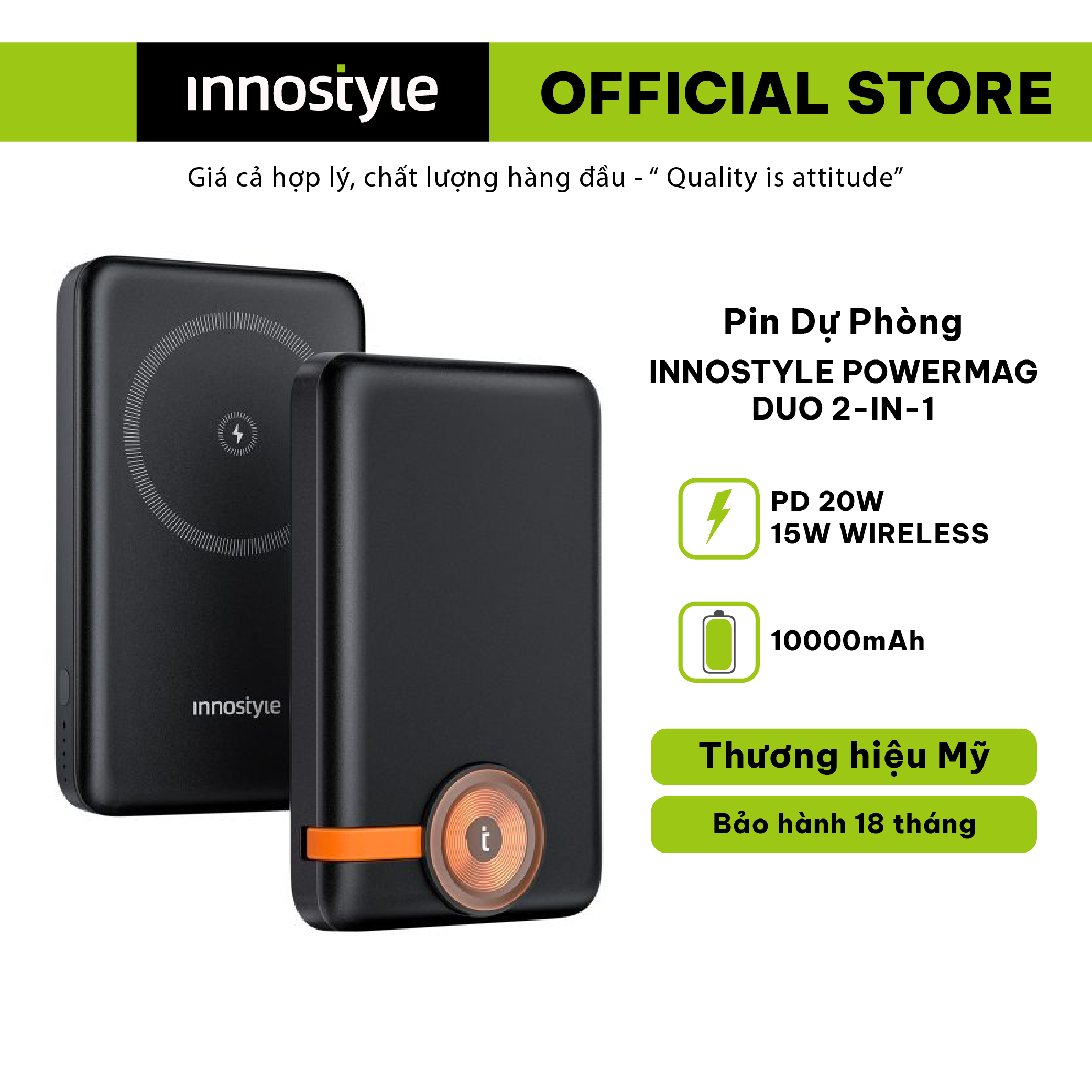 Pin Sạc Dự Phòng Không Dây Innostyle Powermag Duo 2in1 10000mAh - Thiết kế nhỏ gọn, sạc không dây, hàng chính hãng