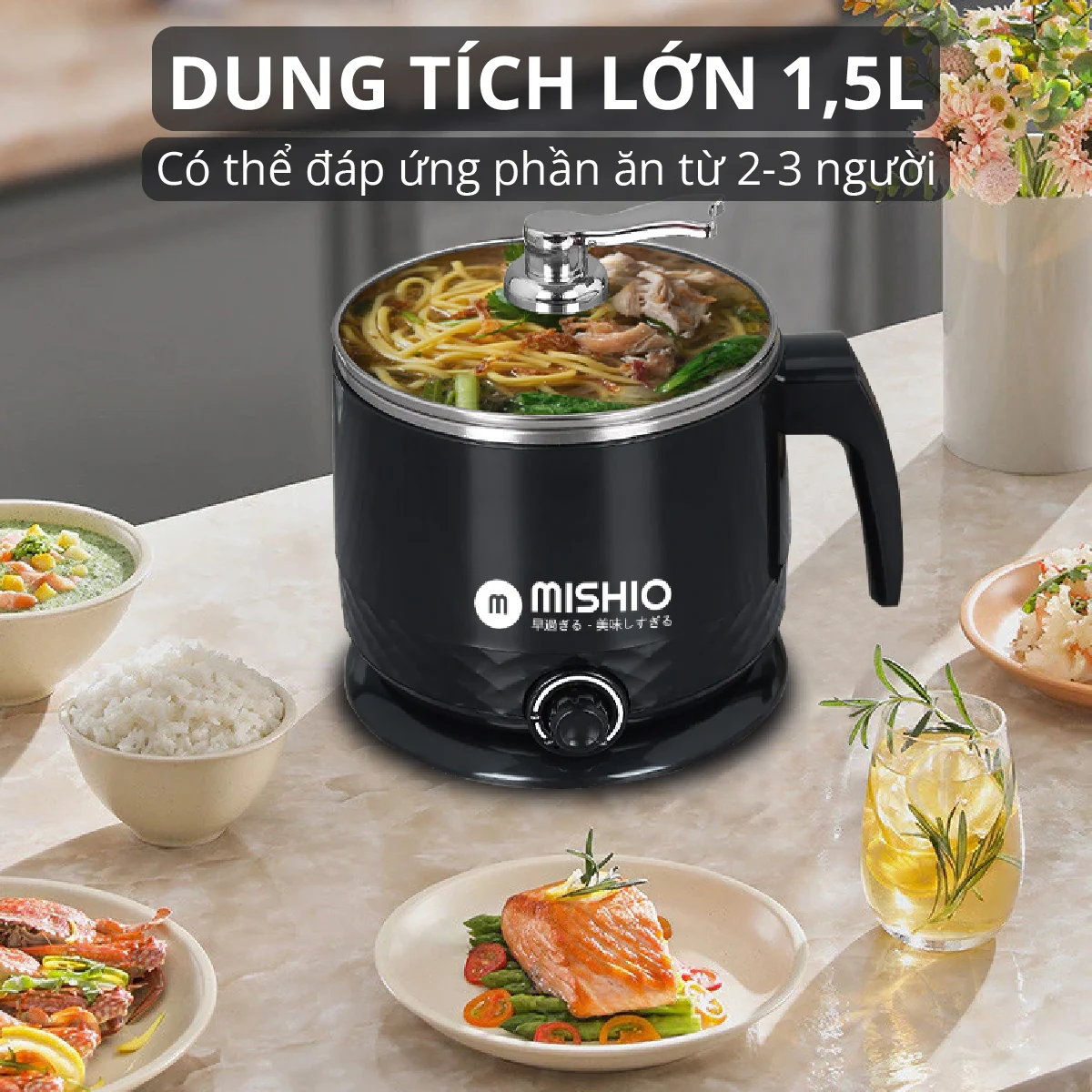 Ca nấu đa năng Mishio MK214 600W 1,5L inox 304, nấu nước, nấu mì, lẩu - Màu trắng xám - Hàng chính hãng