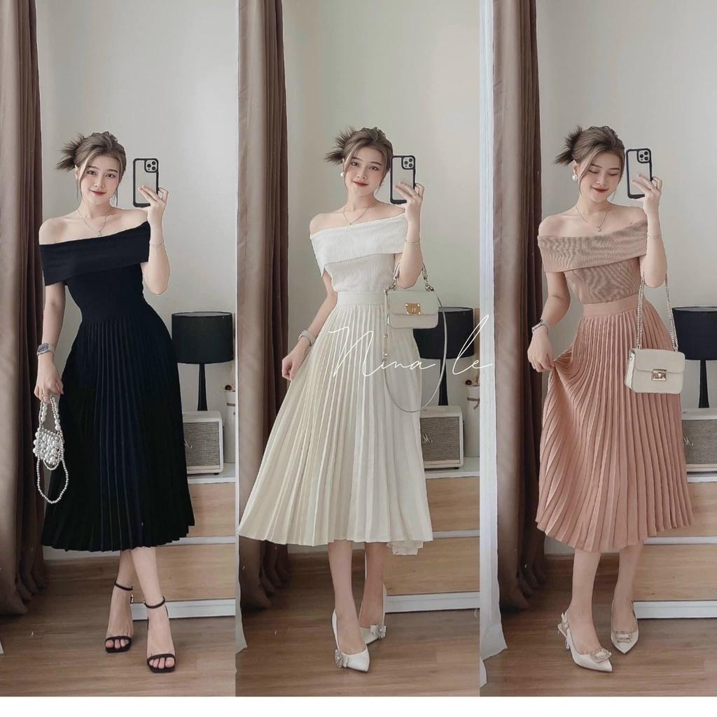 FREESHIP Set Bộ Đồ Nữ Áo Thun Gân Trễ Vai Kèm Chân Váy Sếp Ly Tiểu Thư Khoe Eo Tôn Dáng body KIM GIA DS