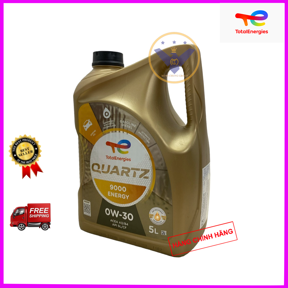 Bộ 3 dầu nhớt ô tô cao cấp tổng hợp Total Quarzt 9000 0W-30 can 5L