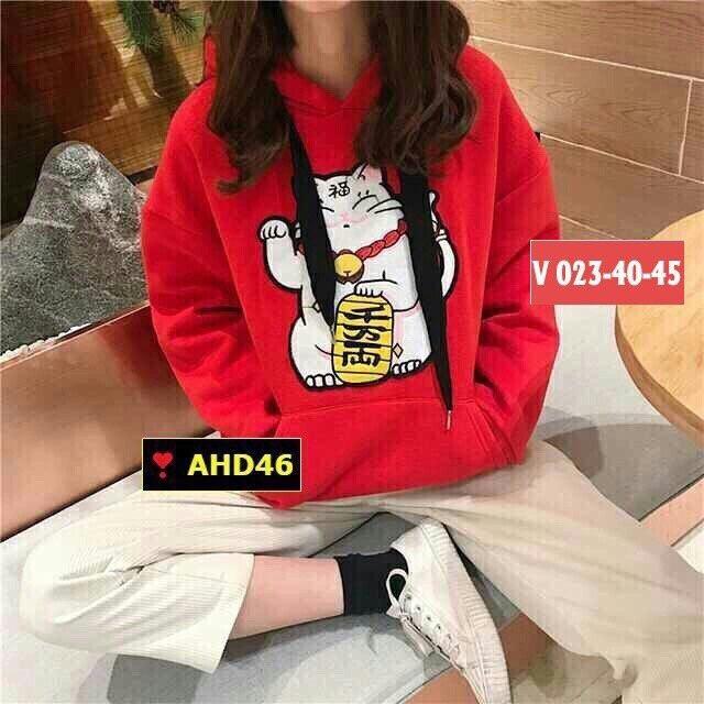 Áo Hoodie unisex mèo thần tài chất nỉ bông mỏng. Có ảnh thật