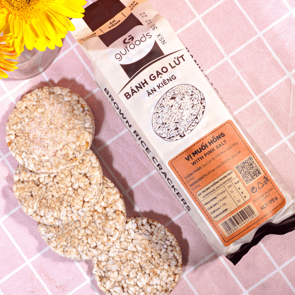 [Vị Muối Hồng] - Bánh Gạo Lứt Ăn Kiêng GUfoods 170g - Tập Gym, Giảm Cân, Thực Dưỡng, Eat Clean, Ăn Vặt Healthy, Ăn Chay, Ăn Kiêng, Ăn Vặt, Tốt Cho Sức Khỏe