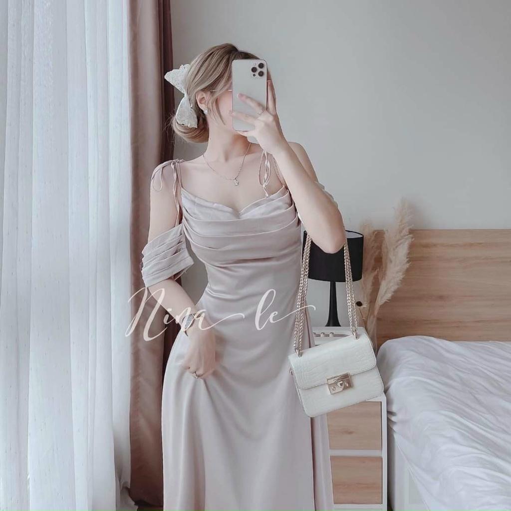Váy đầm nữ dự tiệc dáng xòe tiểu thư kiểu tay rớt cổ đổ cột nơ vai