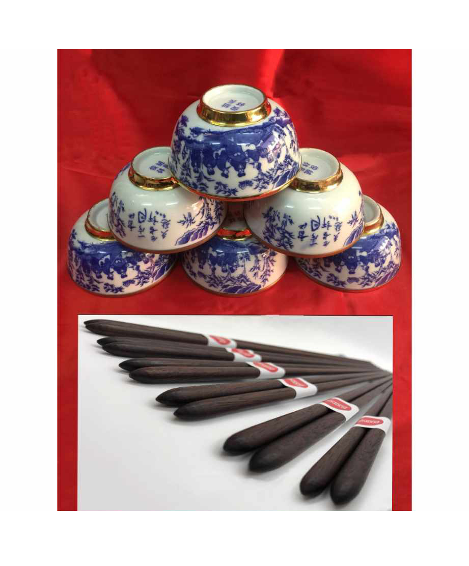 Bộ 6 bát cơm bịt đồng &amp; 6 đôi đũa gỗ trắc đũa đẹp đũa sạch(bát vẽ trúc lâm thất hiền)
