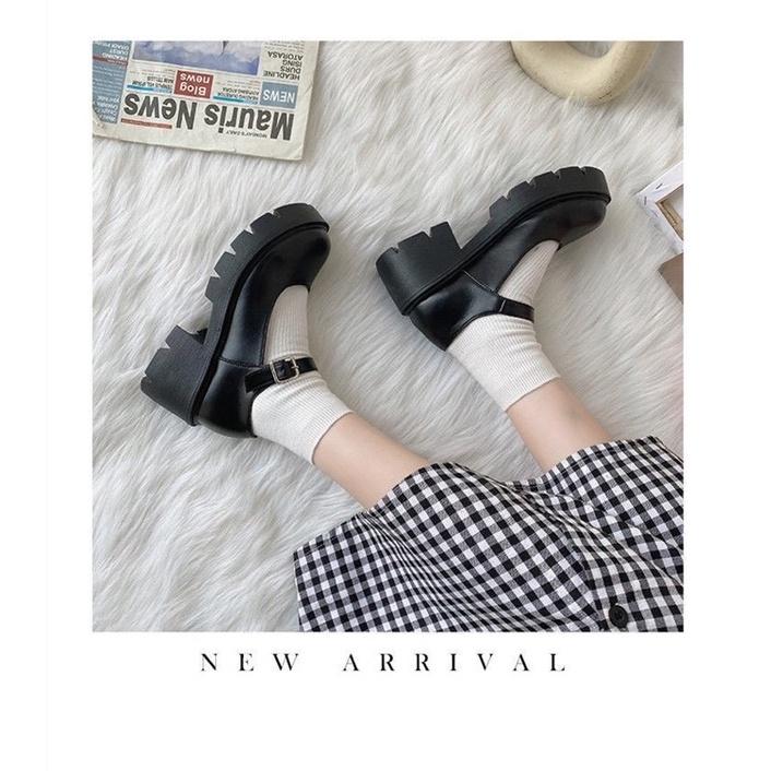 (CÓ SẴN) Giày Mary Jane Quai Cài, Giày Lolita Vintage Ulzzang Nữ Da Bóng Da Lì Phong Cách Hàn Quốc Cao 6cm