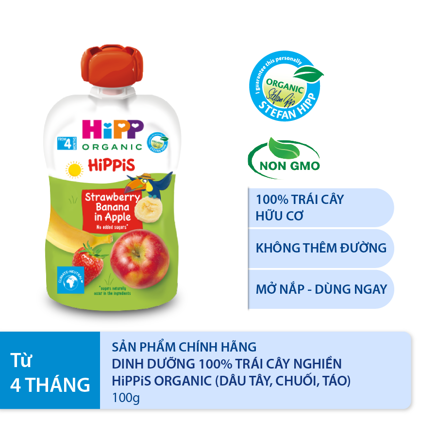 Dinh dưỡng 100% Trái cây nghiền Organic HiPPiS Dâu tây, Chuối, Táo