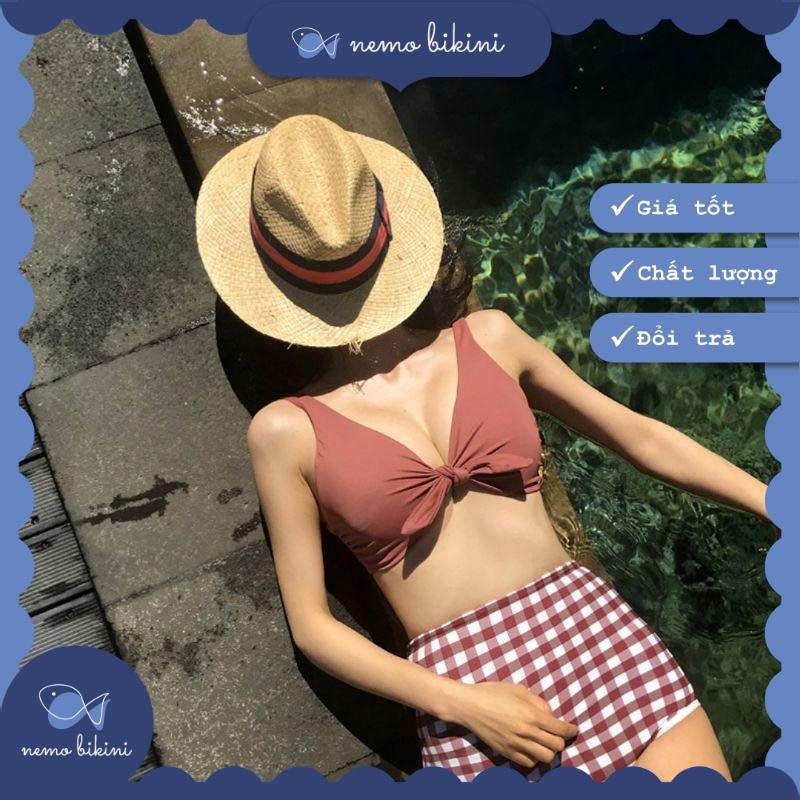 Nemo Bikini - Đồ bơi nữ, áo tắm, đồ bơi 2 mảnh tôn dáng buộc nơ kẻ đỏ gạch