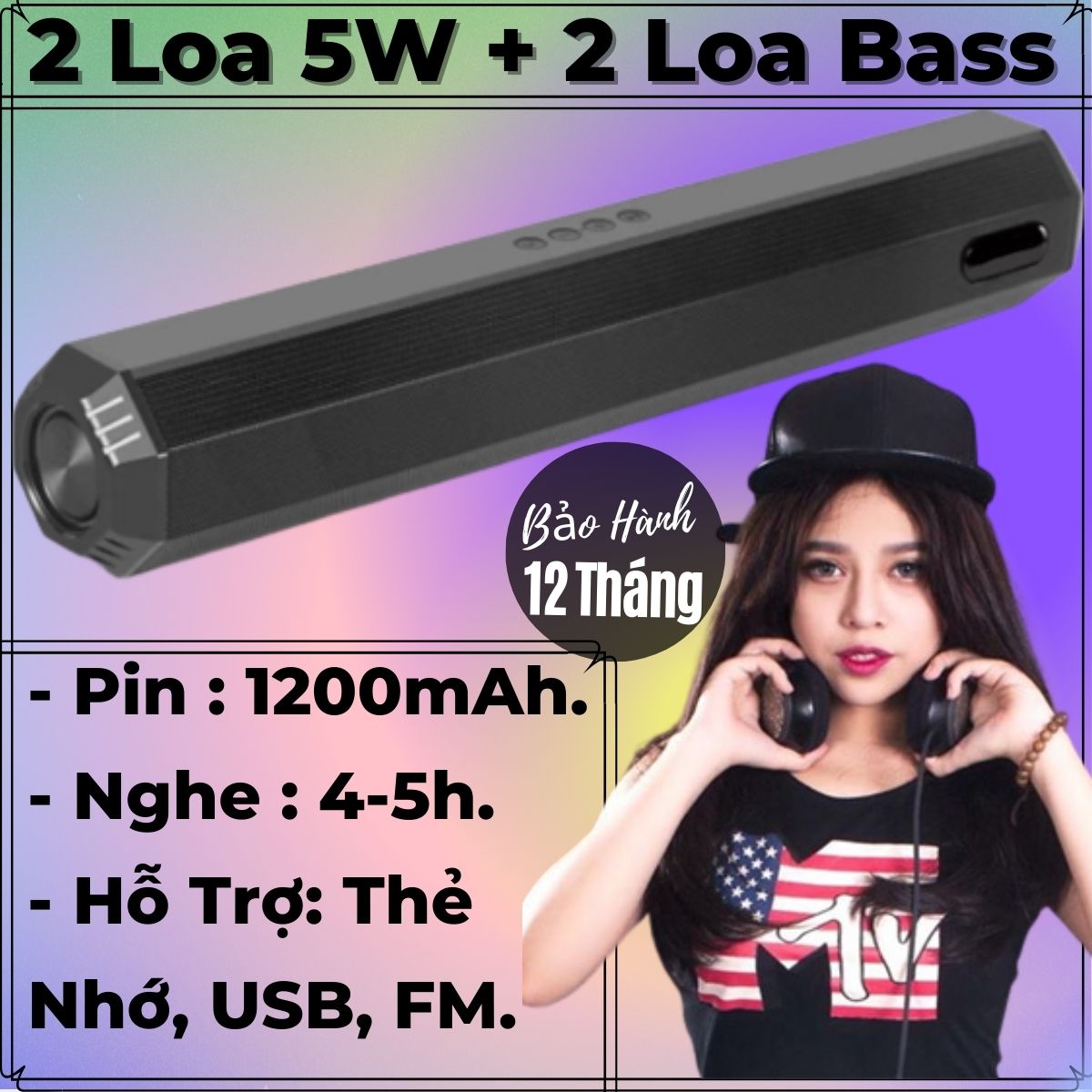 Loa Bluetooth A21 Nghe Nhạc 2 Loa 5W Công Suất Lớn + 2 Bass, Pin 1200mAh, Bass Mạnh, Hỗ Trợ Khe Cắm Thẻ Nhớ, USB, Đài FM