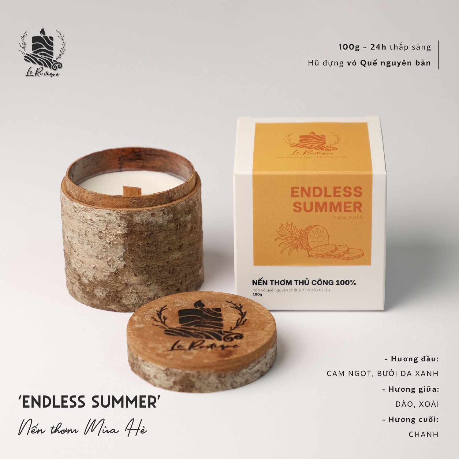 Nến Thơm Thủ Công Le Rustique Mùi Mùa Hè (Endless Summer) - 100g/ 200g - Hũ Nến Vỏ Quế Tự Nhiên - Có Kiểm Định Chất Lượng - Nến Thơm Thư Giãn Trị Liệu - Nến Thơm Thiên Nhiên