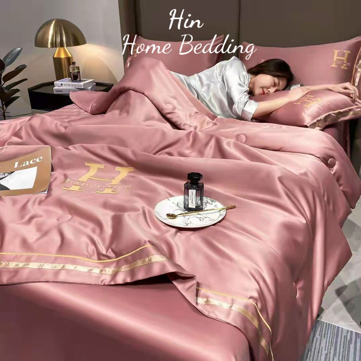 Bộ Chăn Ga Gối Đệm 5 Món Chăn Phao Lụa Thái Hin Home Bedding Drap Giường Lụa Mẫu Hồng