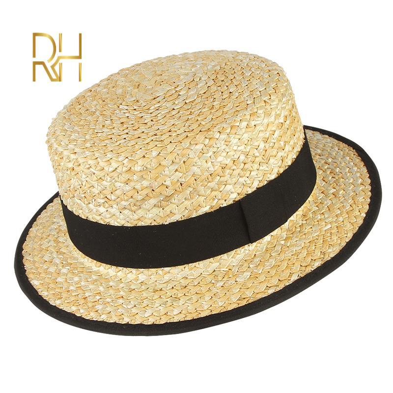 Mùa Hè Nữ Tự Nhiên Cứng Rơm Lúa Mì Boater Fedora Đầu Phẳng Nón Nữ Đi Biển Phẳng Vành Nón Đỏ Navy Sọc ruy Băng RH