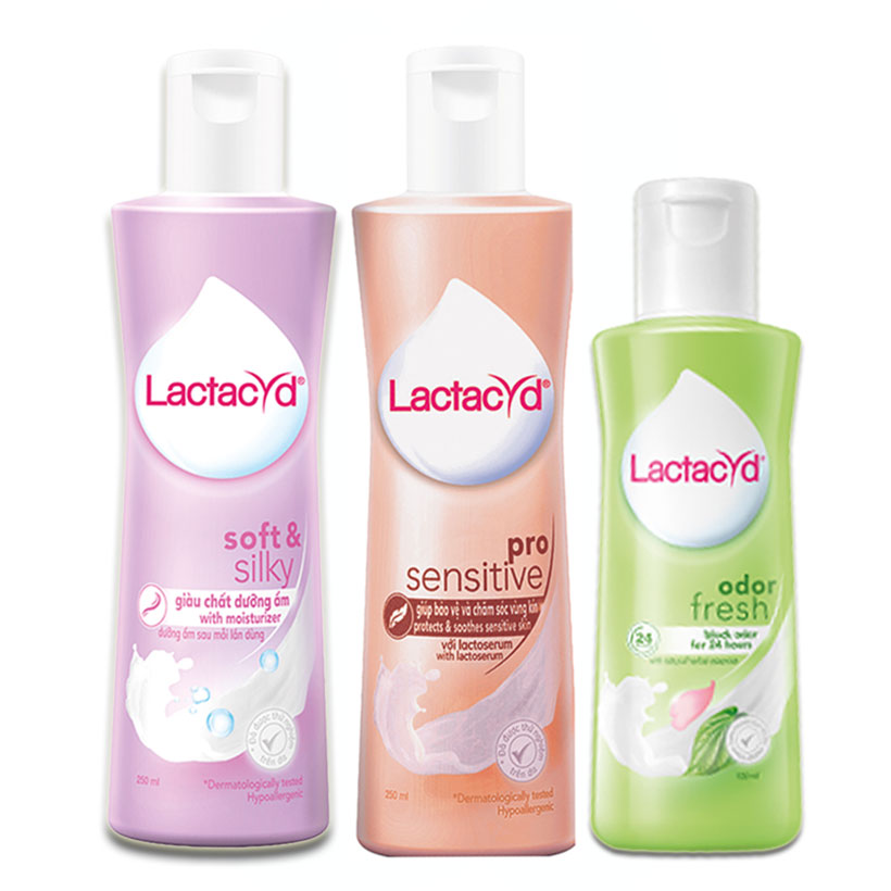 Bộ DDVS Lactacyd Soft &amp; Silky DƯỠNG ẨM 250ml + 1 Odor Fresh NGĂN MÙI 24H 150ml + 1 Pro Sensitive Cho DA NHẠY CẢM 250ml