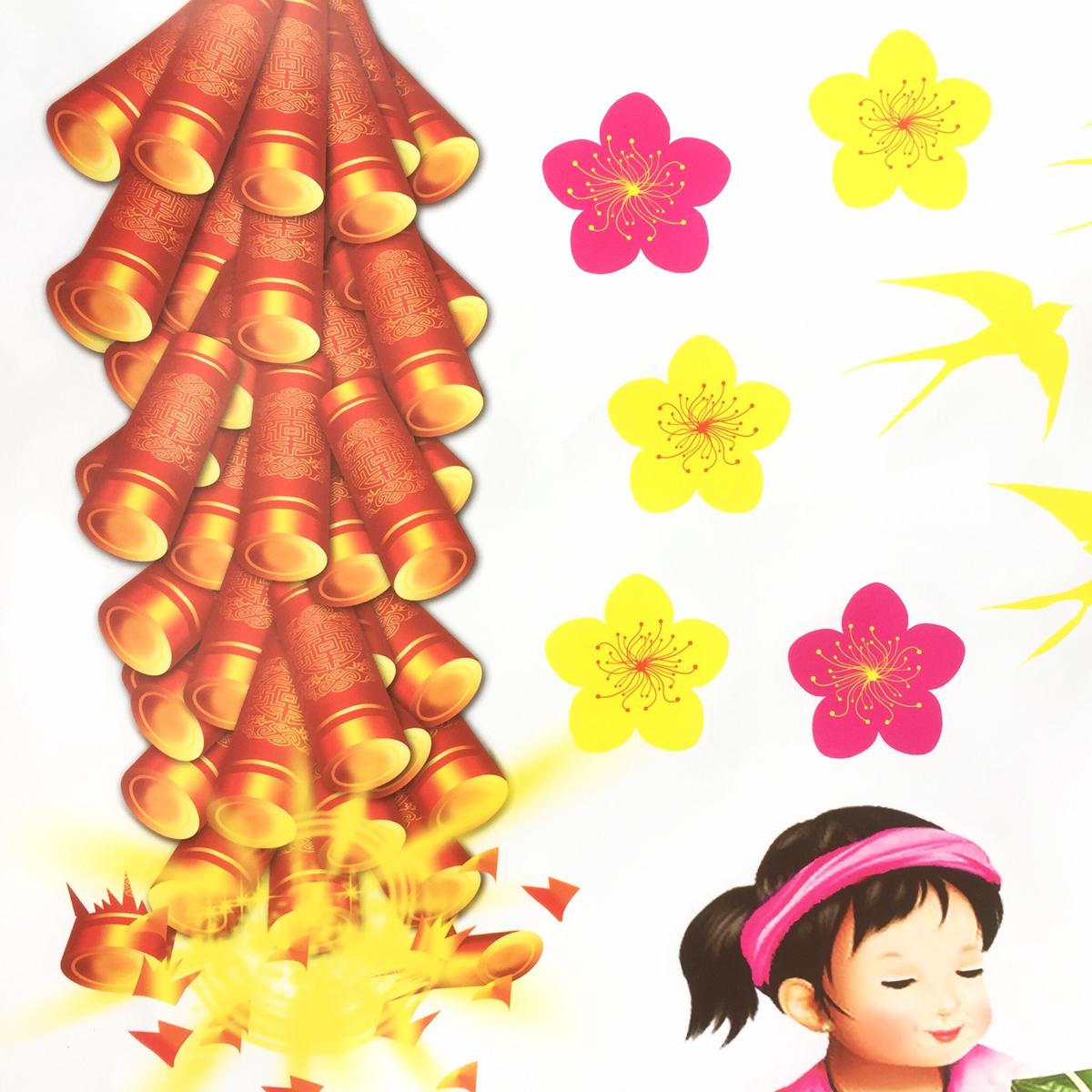 Tấm decal dán tường kính trang trí Tết 90x60cm