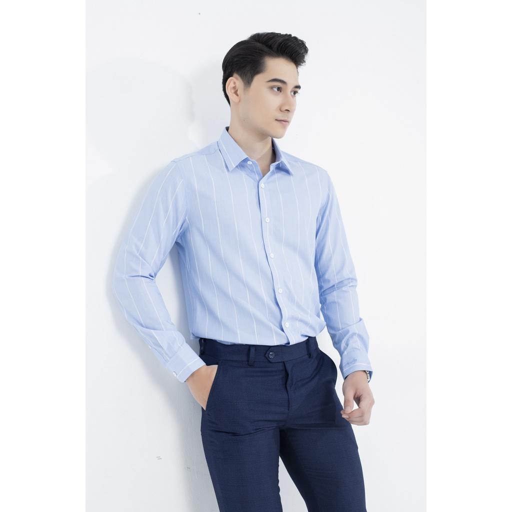 Áo sơ mi nam dài tay ARISTINO dáng Slim fit, họa tiết kẻ sọc xanh trắng tinh tế, nhã nhặn - ALS26901