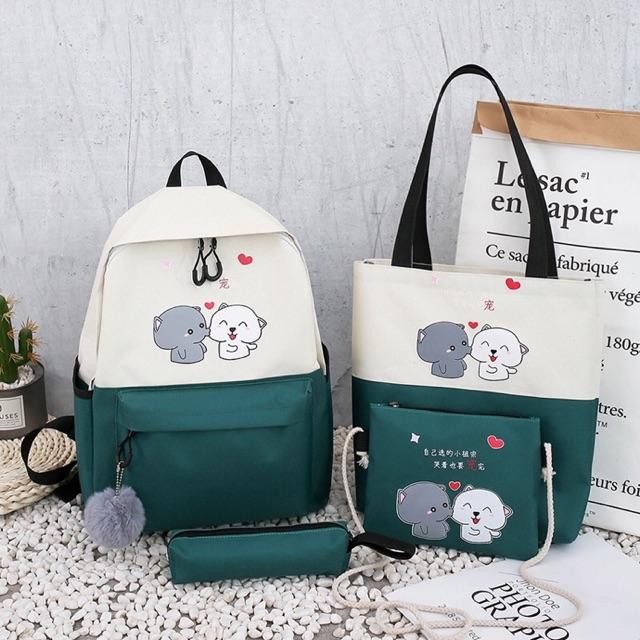 Balo nữ combo 4 món đi học thời trang Cặp- Balo sinh viên học sinh đa năng mèo đọc sách cute ulzzang 2 Chú Cún Cute