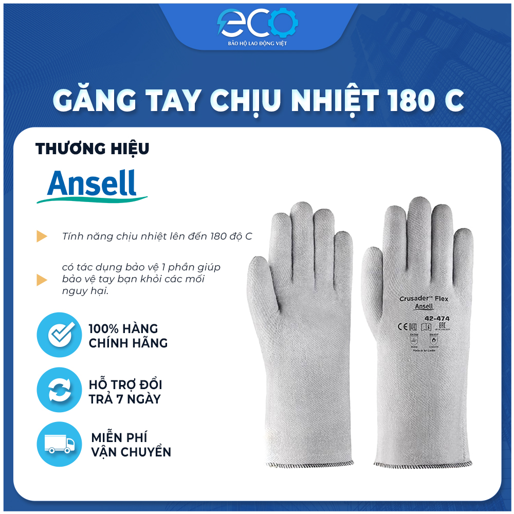 Găng tay cách nhiệt Ansell 42-474 mang vào thoải mái, linh hoạt, độ bền cao chịu nhiệt chống nóng