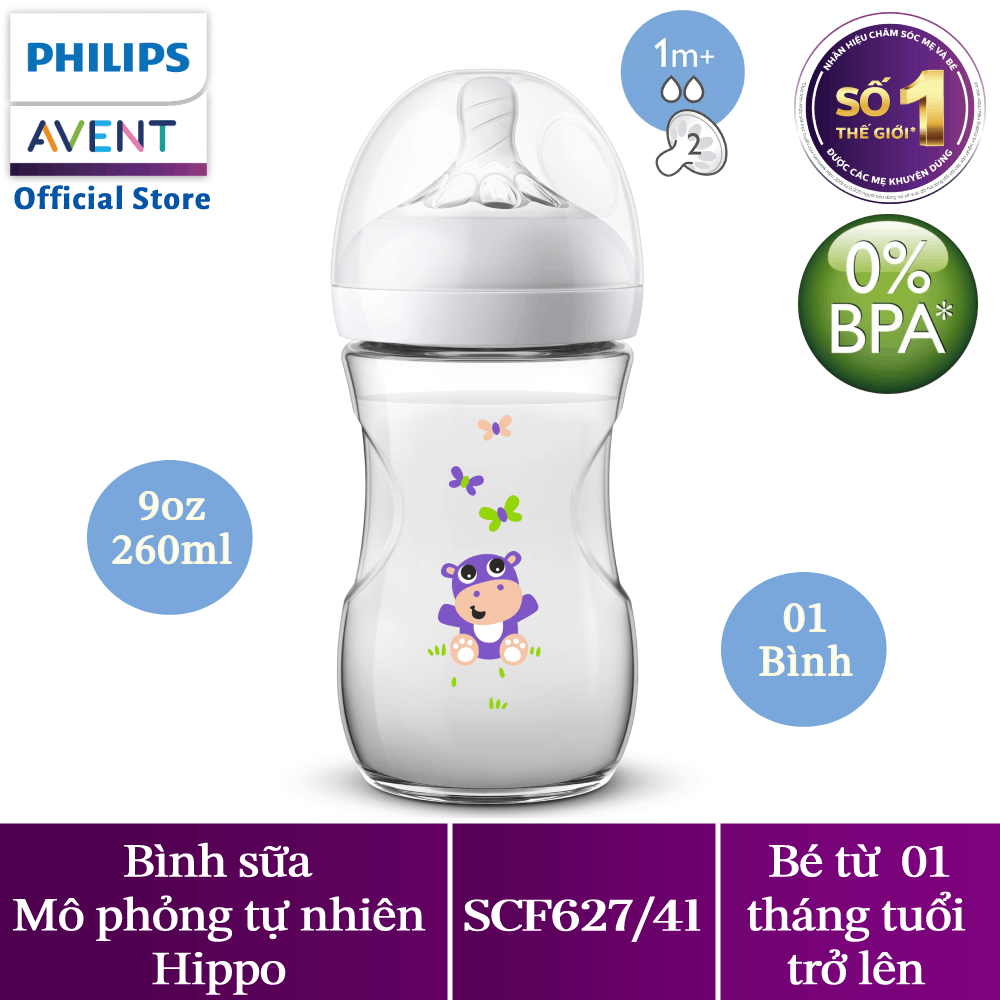 Hộp 1 Bình sữa mô phỏng tự nhiên Flamingo/Hippo hiệu Philips Avent (260ml) cho trẻ từ 6 tháng tuổi