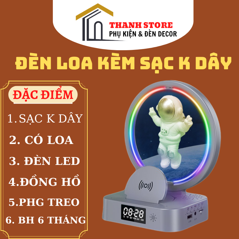 Đèn loa phi hành gia treo lơ lửng kèm sạc không dây , đồng hồ , đèn led nghe nhạc dercor cho mọi không gian làm quà tặng