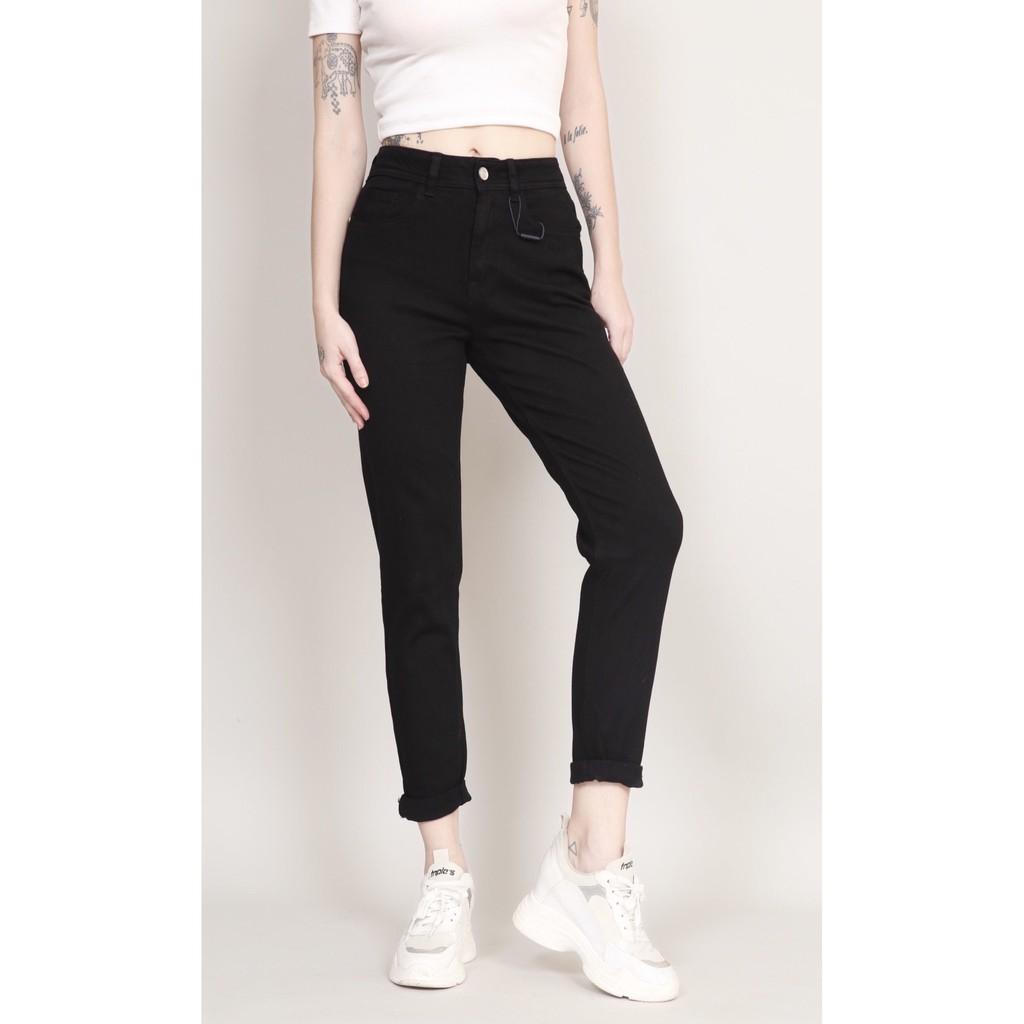 Quần jean nữ boyfriend baggy đen trắng trơn co giãn CT JEANS