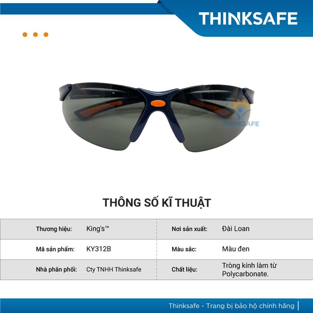 Kính chắn bảo hộ King's Thinksafe, chống tia uv cao cấp, bảo hộ đa năng, chống bụi đi đường, dùng lao động màu đen KY312B