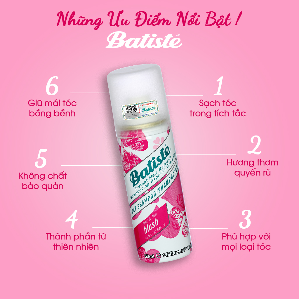 Dầu Gội Khô Batiste Dry Shampoo 50ml Hết Ngứa, Hết Bết Dính Tóc Bồng Bềnh Bóng Mượt Tức Khắc