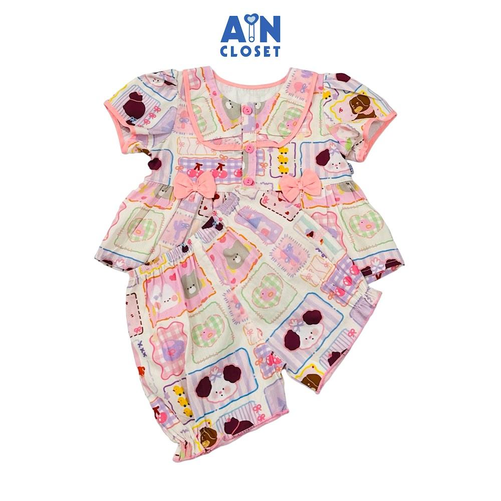 Bộ quần áo Ngắn bé gái họa tiết Cún Nơ Hồng Cotton - AICDBG9H6T3C - AIN Closet