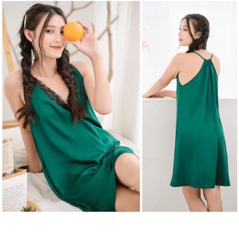 Váy ngủ lụa hai dây phối ren tặng kèm chip ren