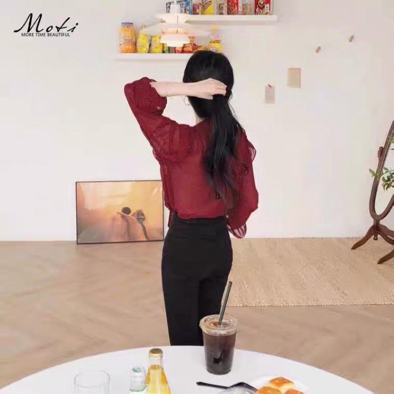 Sơ mi bèo cổ cột nơ hoạ tiết chấm bi