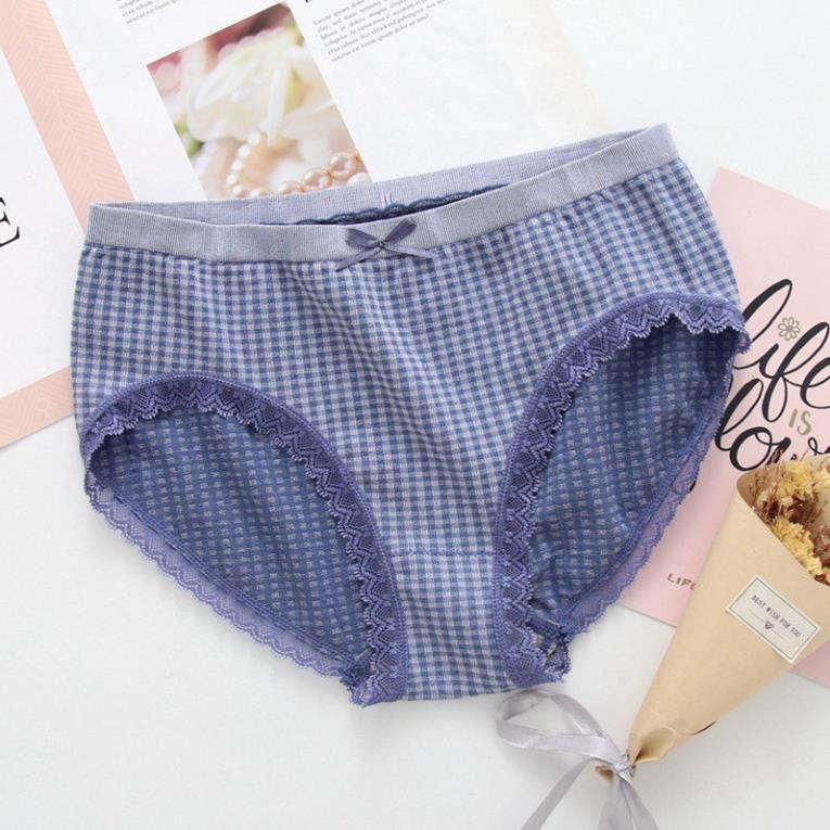 Quần lót cotton kẻ caro phối viền ren chất co dãn siêu thấm hút ôm eo viền phối ren cực xinh BH4701