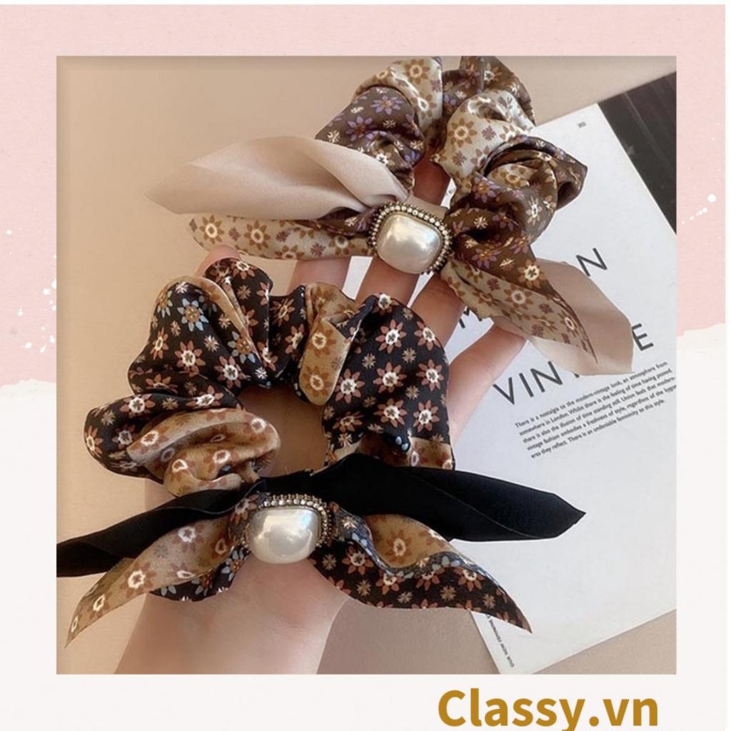 Scrunchies Classy buộc tóc nhiều tông be, đính hạt; style hoàng gia nhiều lớp sang chảnh PK773