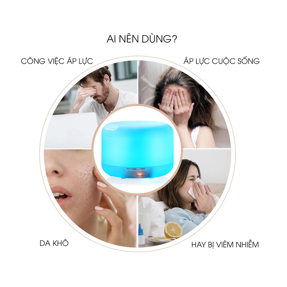 Máy xông tinh dầu Vdecor trụ 300ml ngọc tuyết tích hợp led 7 màu làm đèn ngủ