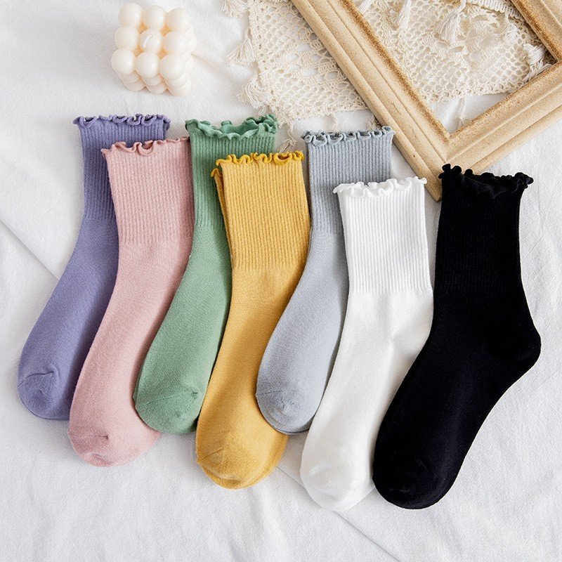 Tất, vớ nhún cổ bèo nữ cao cổ phong cách Vintage Hàn Quốc, hiệu MHAN cao cấp, chất liệu cotton, có nhiều màu