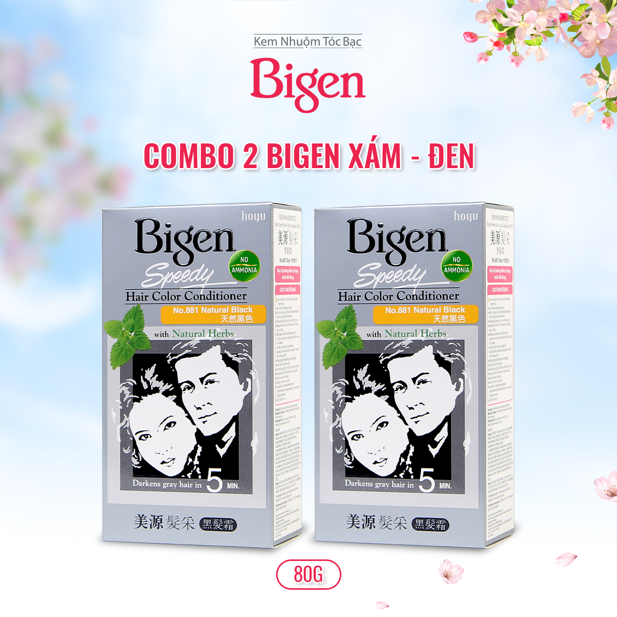 Combo 2 hộp thuốc nhuộm phủ bạc Bigen Conditioner nhuộm phủ bạc hoàn toàn, giá tiết kiệm 80mlx2 dạng kem
