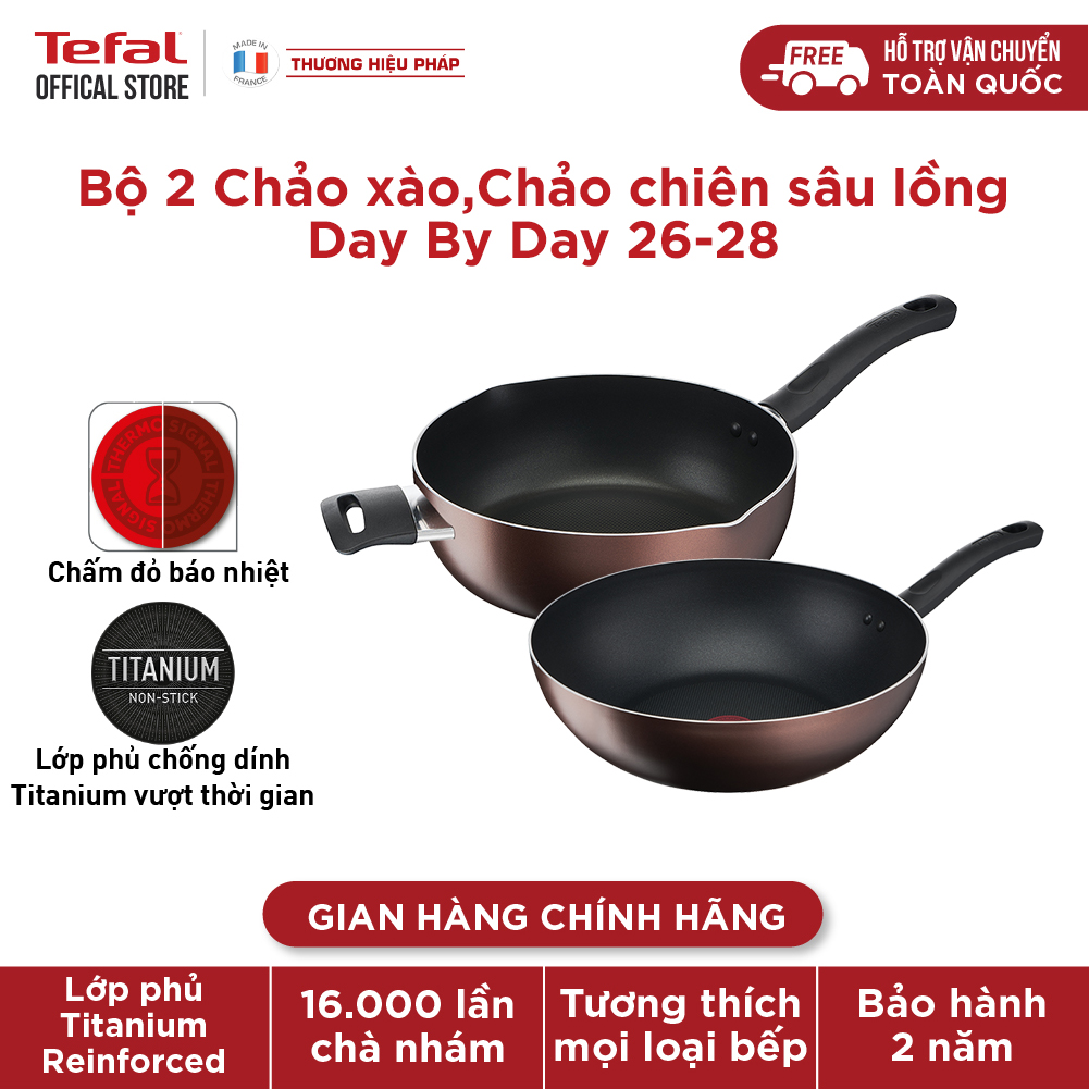 Bộ 2 chảo chống dính đáy từ Tefal Day by Day dùng cho mọi loại bếp (26cm, 28cm) - Hàng chính hãng