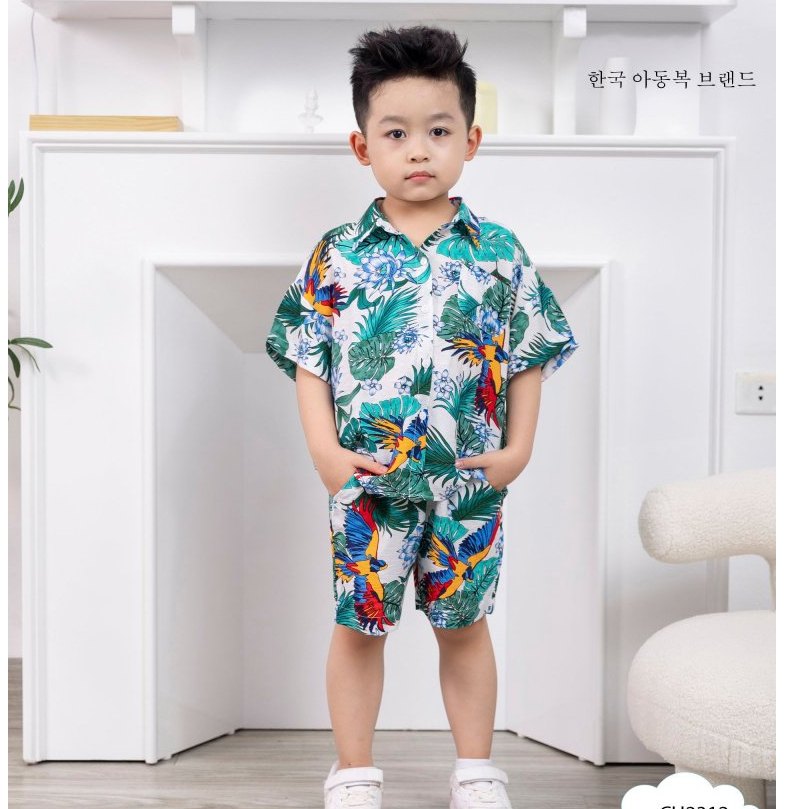 Đồ bộ bé trai, bộ sơ mi cho bé trai họa tiết hawai hoa lá du lịch đẹp size 10-40kg chất đũi xịn sò mềm mát