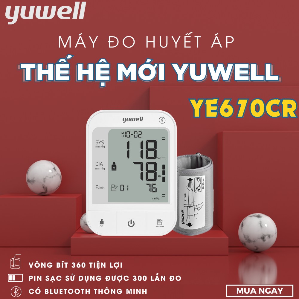 Máy đo huyết áp điện tử bắp tay chính hãng YUWELL YE670CR - Có chức năng Bluetooth - Pin sạc 300 lần đo - Bảo hành 5 năm