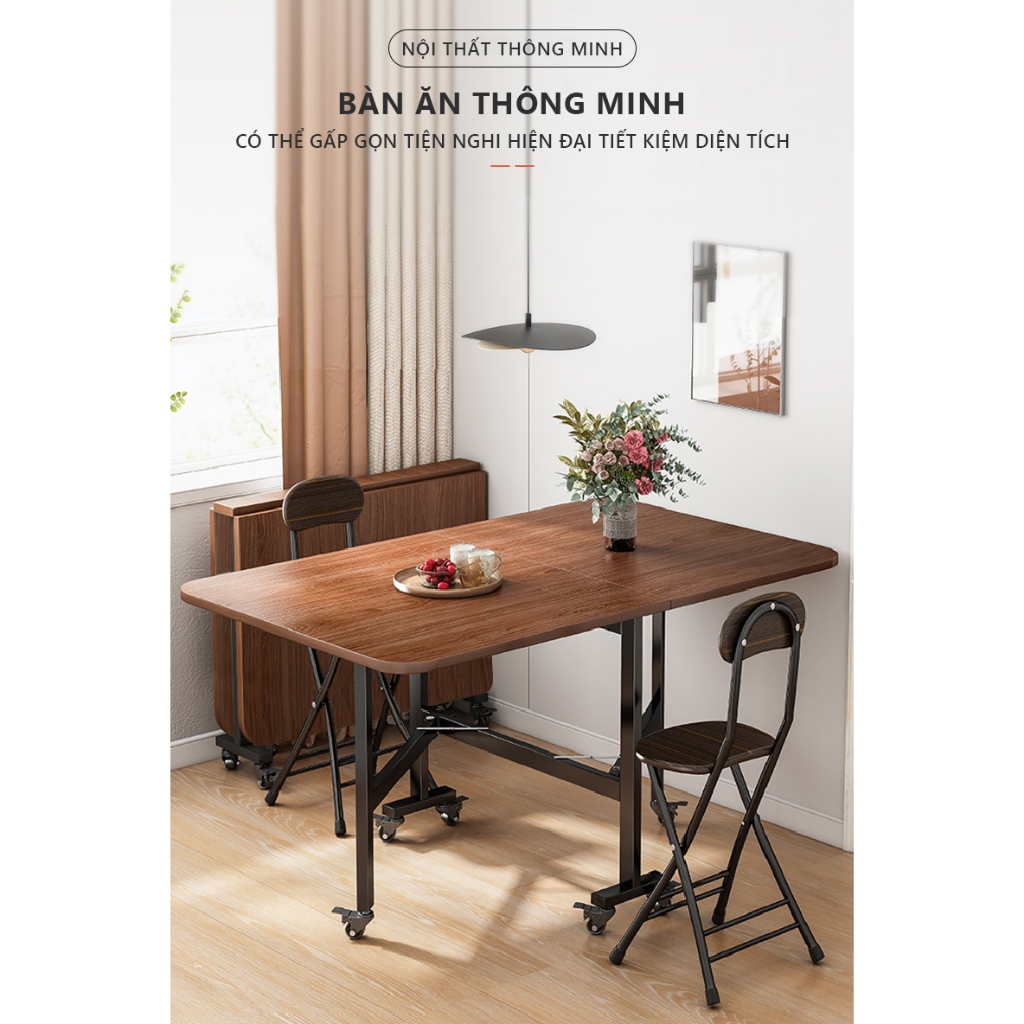 Bàn Ăn  Gấp Gọn Thông Minh Khung Sắt Có Bánh Xe Màu Óc Chó AM107