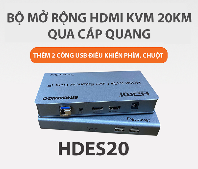 Bộ chuyển đổi HDMI sang quang 20km Sinoamigo HDES20 - Hỗ trợ KVM, IR, 2 cổng USB, Full HD - Hàng nhập khẩu chính hãng