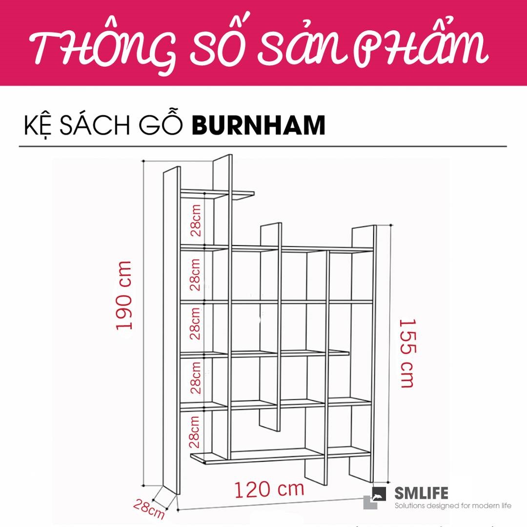 Kệ sách gỗ hiện đại SMLIFE Burnham  | Gỗ MDF dày 17mm chống ẩm | D120xR28xC190cm - Màu