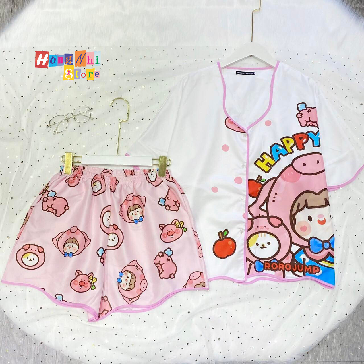 Bộ Pijama Đùi Hoạt Hình Tay Lỡ Cánh Dơi Dợn Sóng Dáng Rộng Oversize Ulzzang - MM