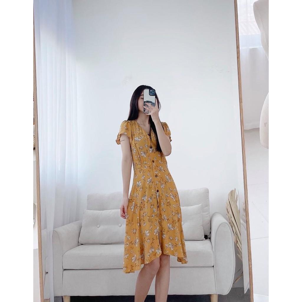 LIIN - Đầm nữ lanh lụa vàng hoa