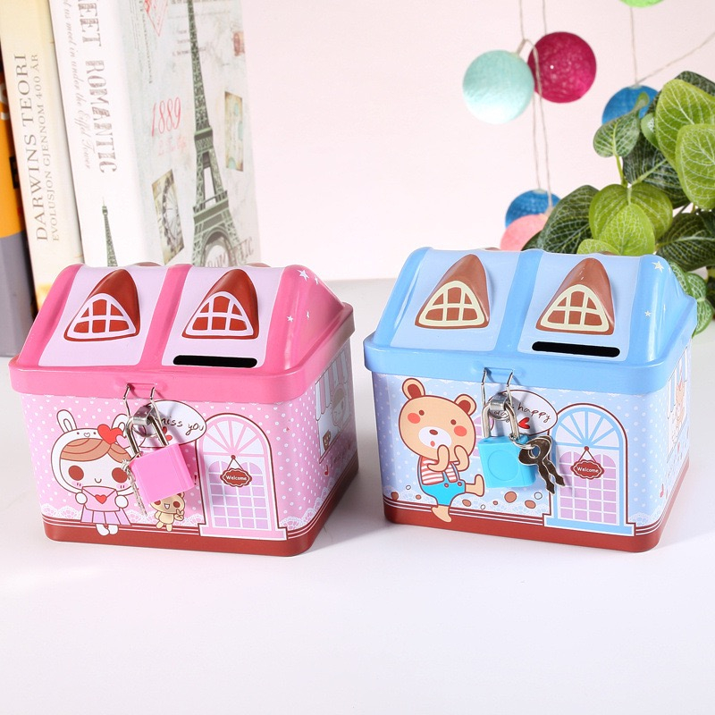 Hộp tiền tiết kiệm ngôi nhà kèm khóa an toàn hộp tiết kiệm tiền cho bé chất liệu hợp kim dễ thương tiện lợi cho bé