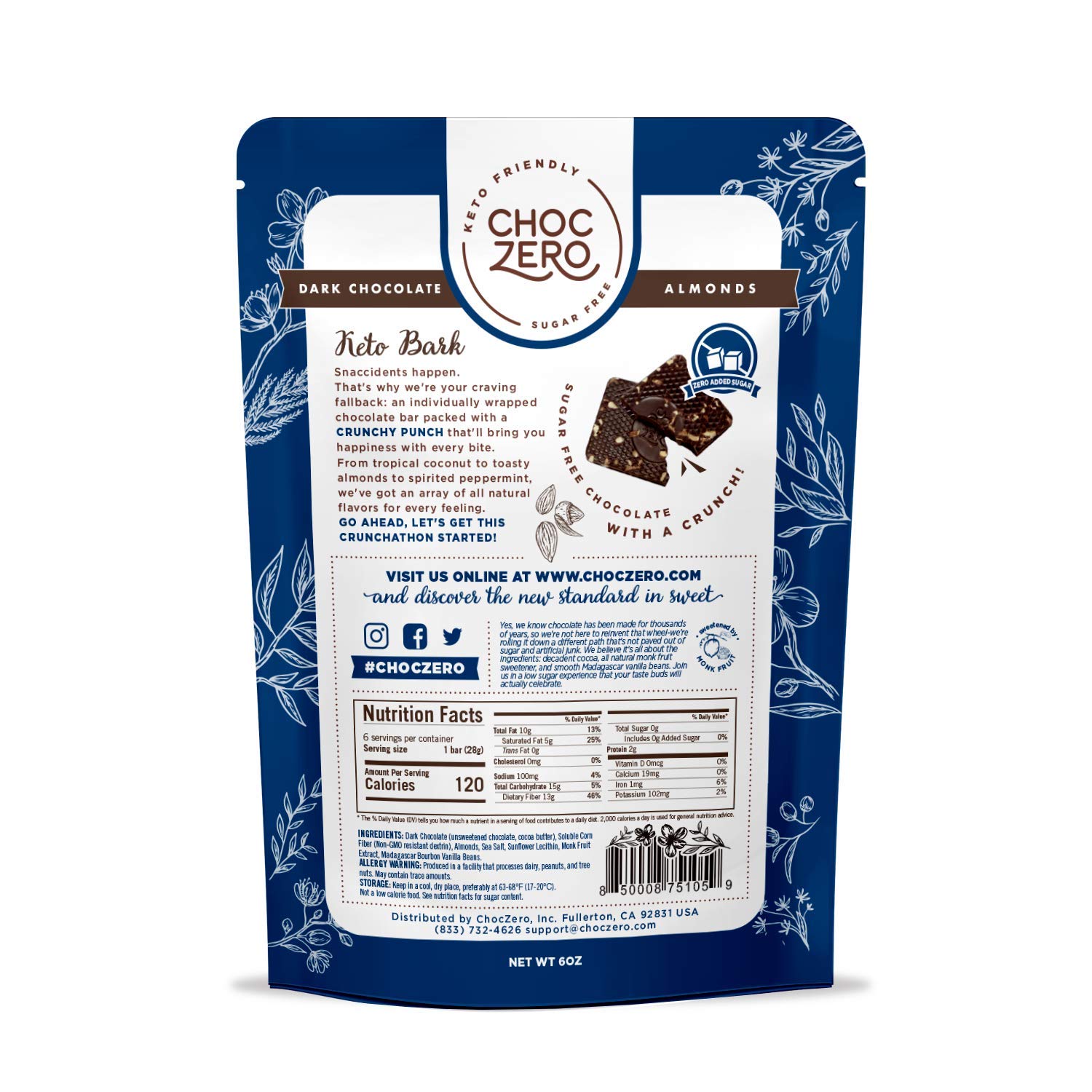 TÚI SOCOLA ĐEN BỌC HẠNH NHÂN ChocZero's Dark Chocolate Almond Keto Bark, Sugar Free, Low Carb, 170g