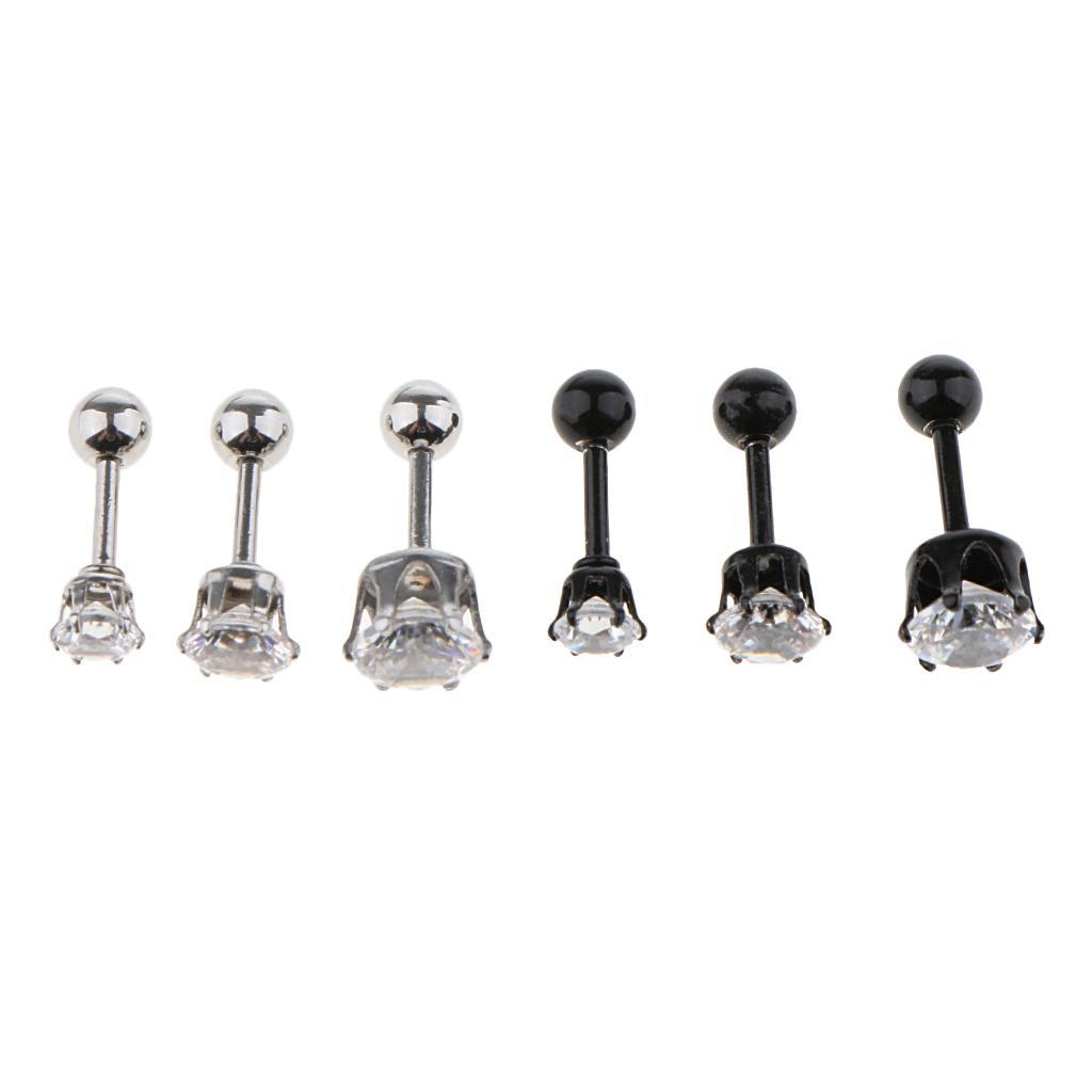 6 Pieces Black Silver Crystal Stainless Steel Ear Navel Belly Stud