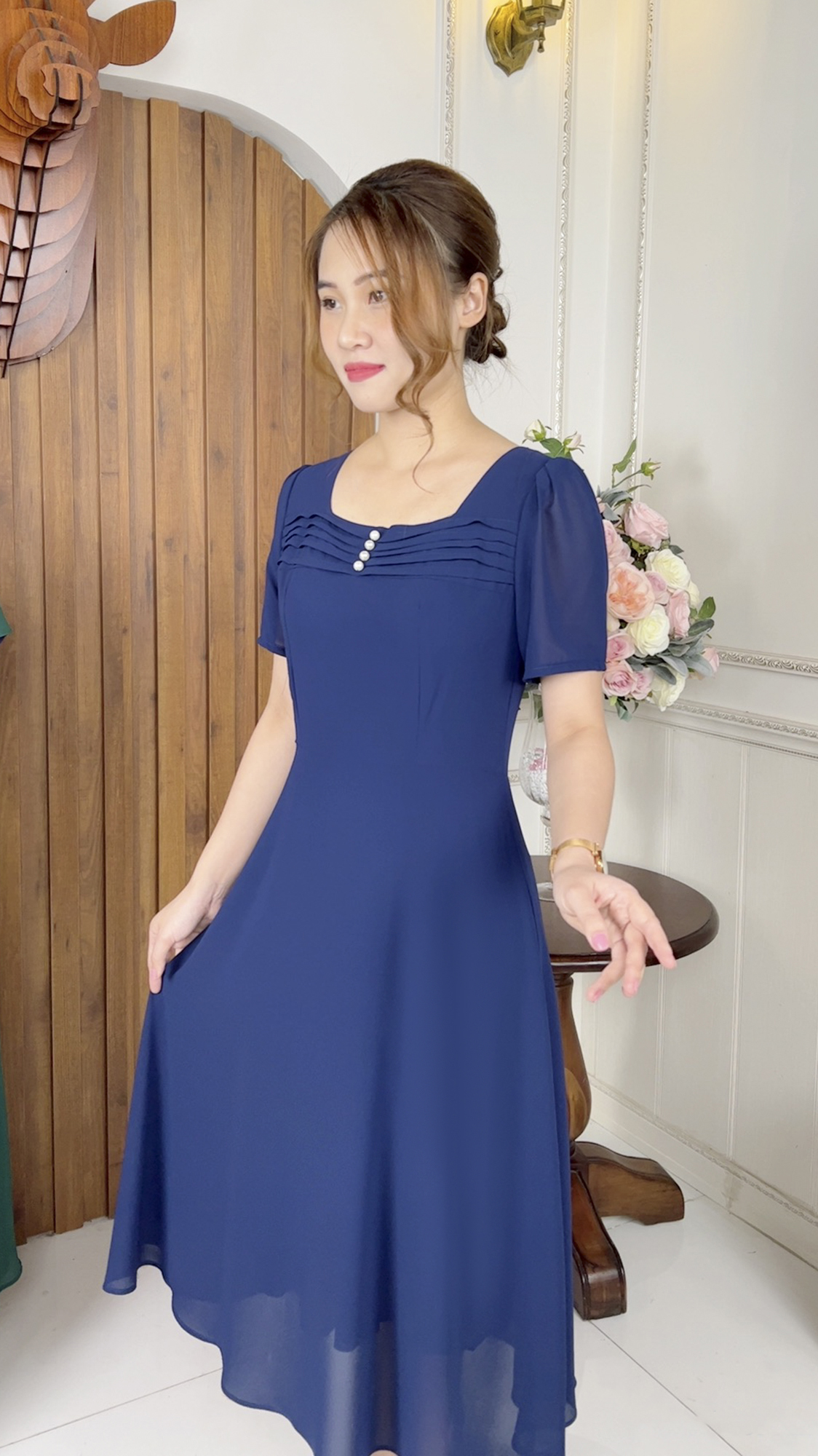 Đầm Quý Bà Sang Trọng [ Linh Trà ] (TM 460) Cao Cấp Vải Voan Chiffon Thoải Mái Quý Phái Dễ Mặc Cho Tuổi Trung Niên