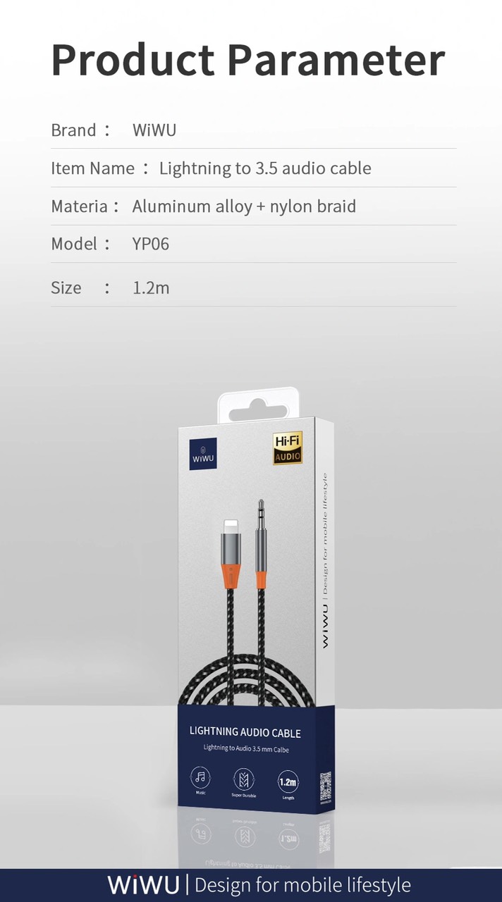 Cáp âm thanh Wiwu Lighning to 3.5mm Cable YP06 tương thích rộng rãi với các thiết bị giao diện 3.5mm như xe hơi, tai nghe chống uốn cong, chống oxy hóa - Hàng chính hãng