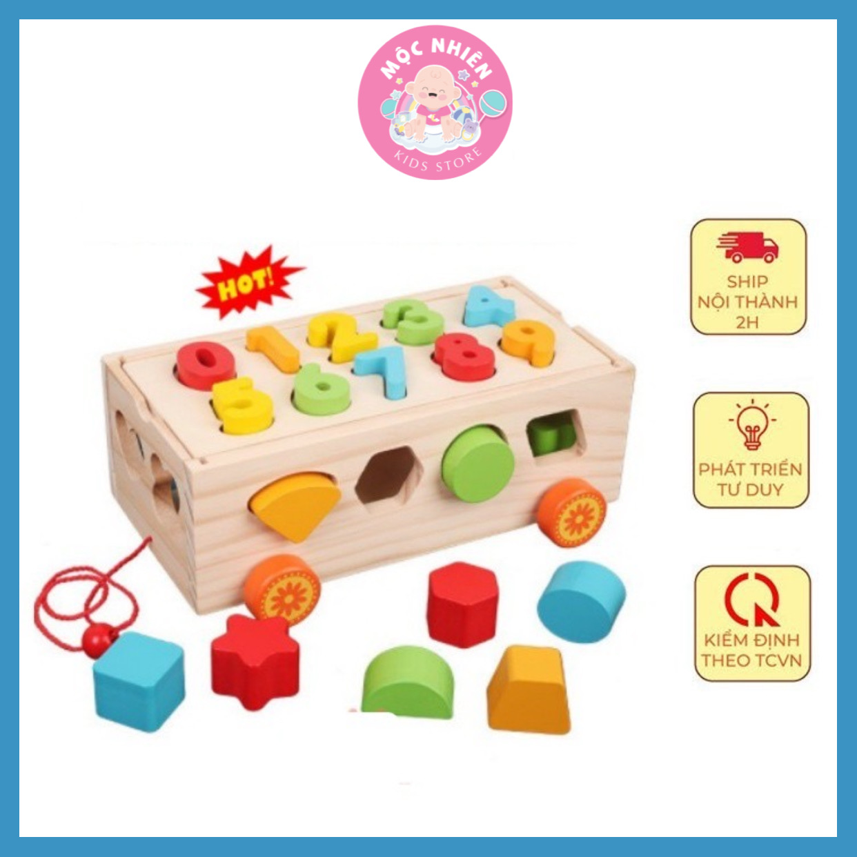 Đồ chơi gỗ Montessori - Xe kéo thả hình khối và số bằng gỗ giúp bé học hình khối, màu sắc và số đếm
