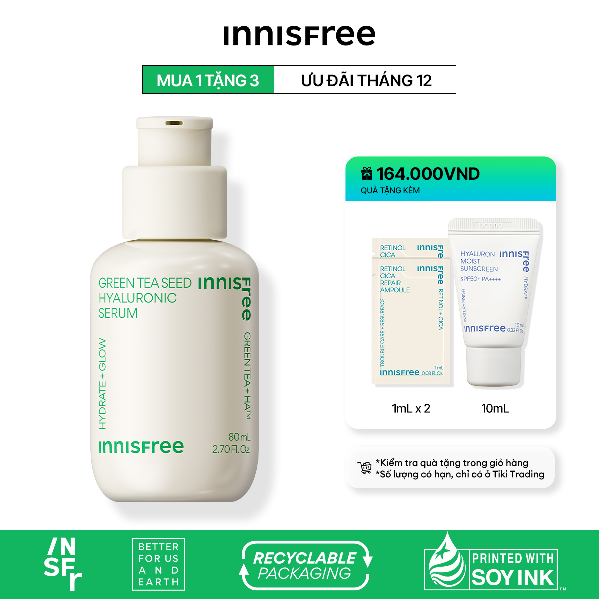 Tinh Chất Innisfree Green Tea Seed Hyaluronic Serum 2023 Nano 5 Loại Ha Cấp Nước Tức Thì Cho Da 80Ml
